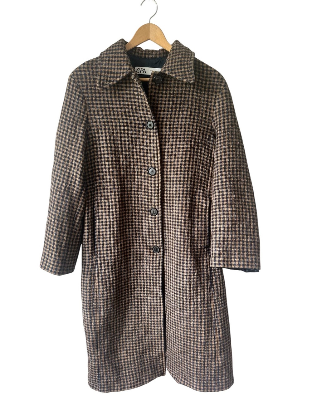 Zara Houndstooth Long Button Up Coat - Brown XS - Picture 3 of 10